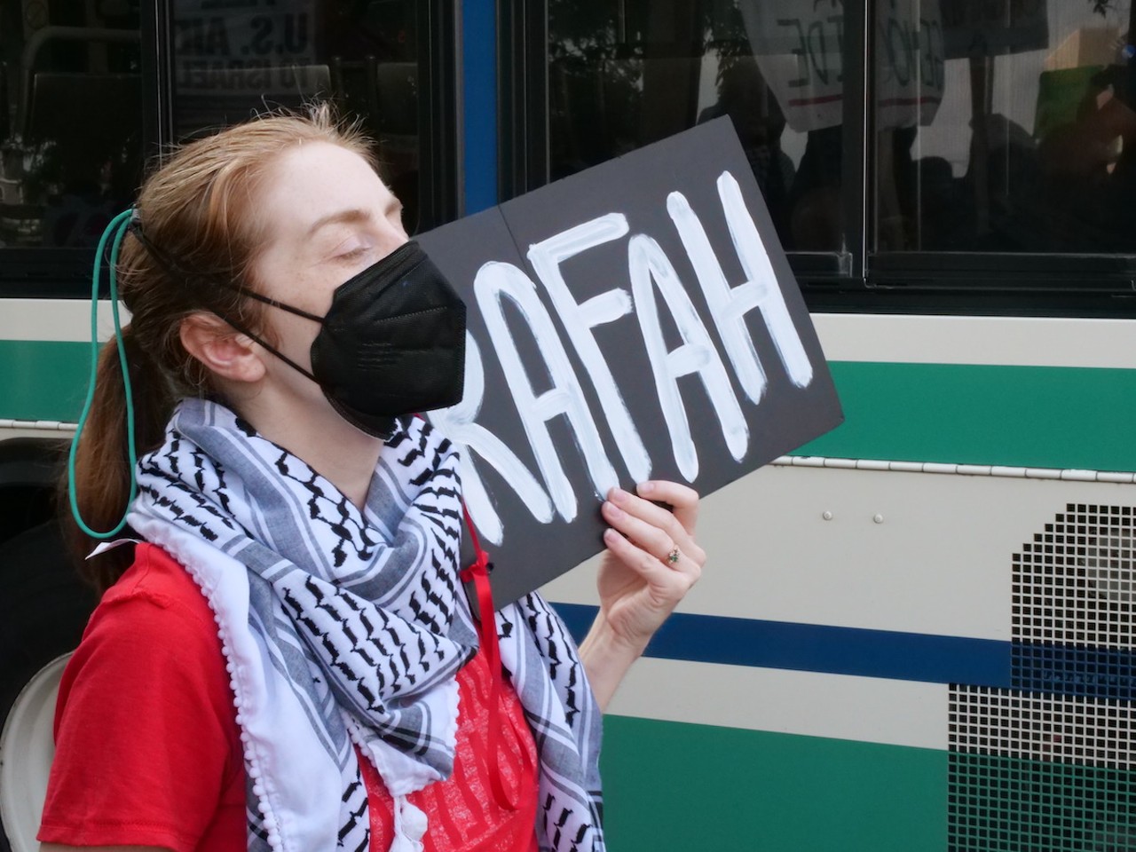 Demonstrators from six Greater Cincinnati organizations gathered in Covington on May 7 to protest the U.S.'s support of Israel as defense forces move into Rafa.