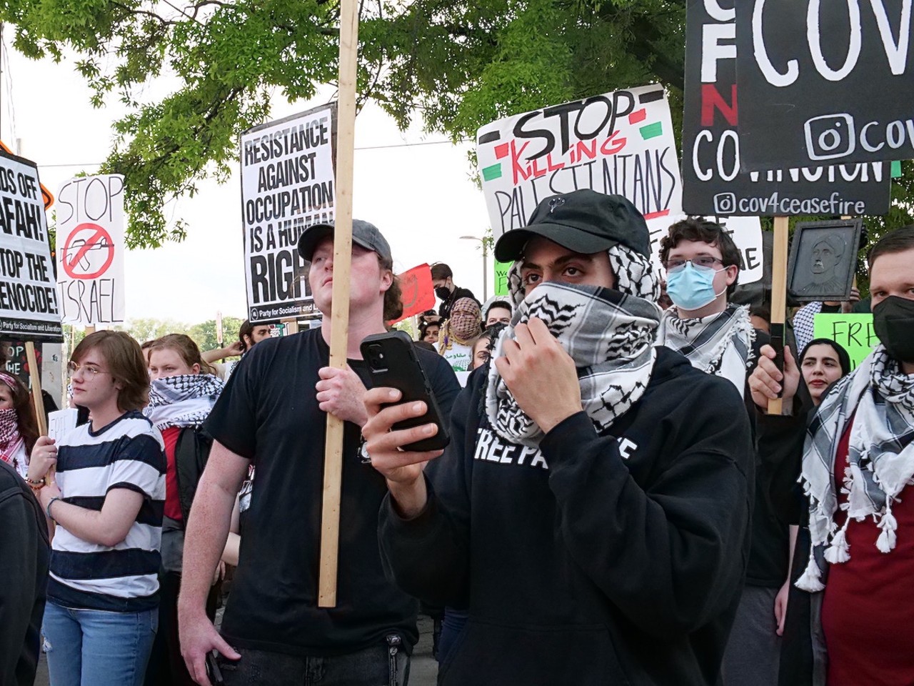 Demonstrators from six Greater Cincinnati organizations gathered in Covington on May 7 to protest the U.S.'s support of Israel as defense forces move into Rafa.