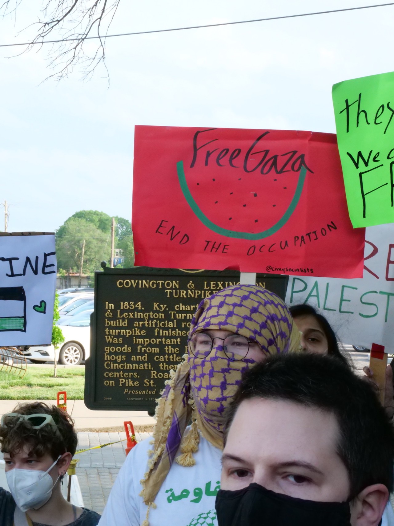 Demonstrators from six Greater Cincinnati organizations gathered in Covington on May 7 to protest the U.S.'s support of Israel as defense forces move into Rafa.