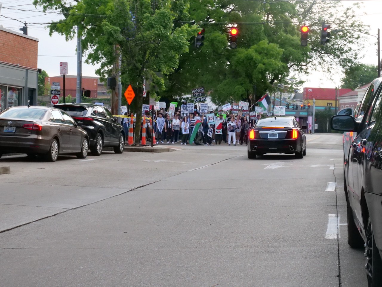 Demonstrators from six Greater Cincinnati organizations gathered in Covington on May 7 to protest the U.S.'s support of Israel as defense forces move into Rafa.