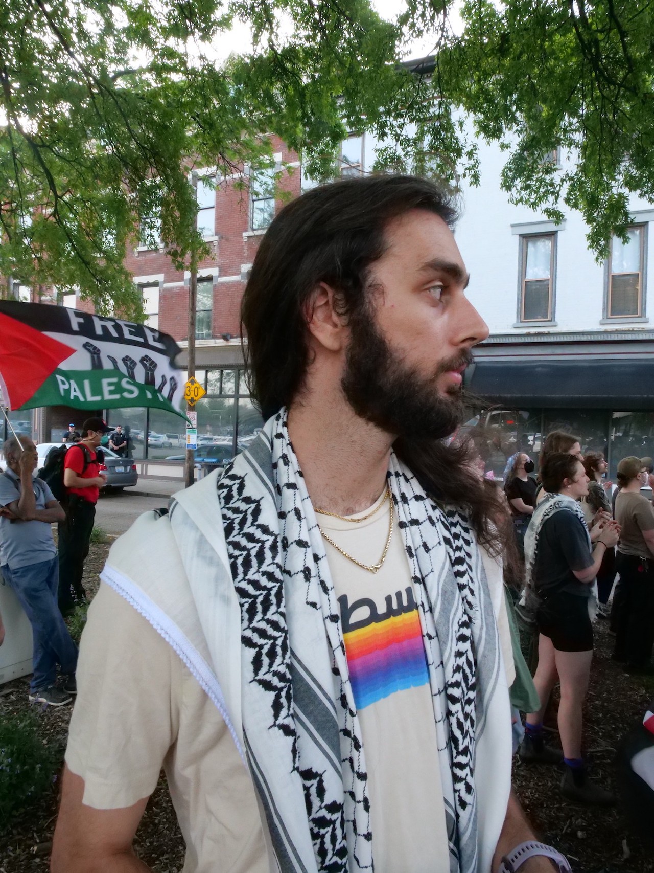 Demonstrators from six Greater Cincinnati organizations gathered in Covington on May 7 to protest the U.S.'s support of Israel as defense forces move into Rafa.