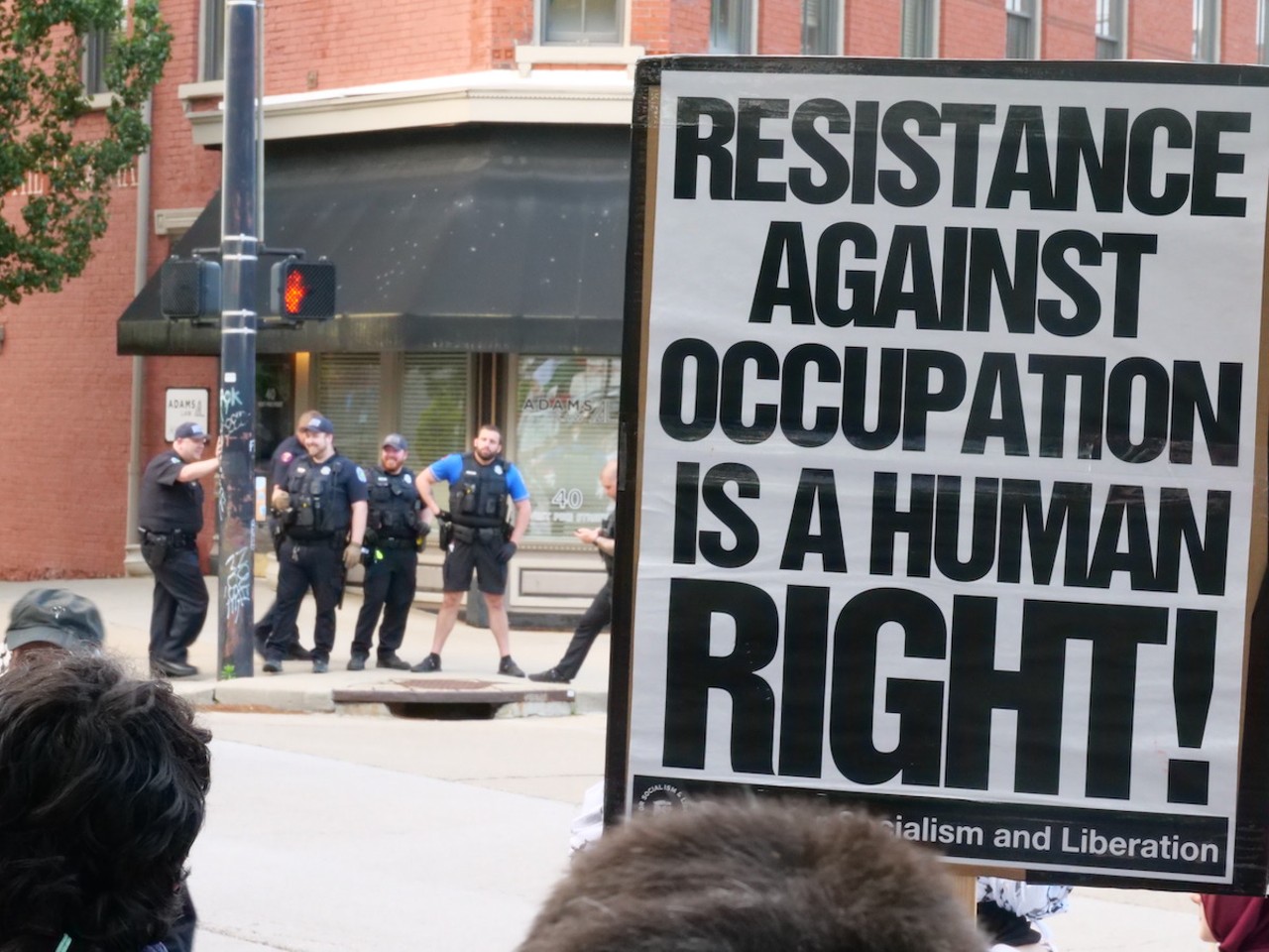 Demonstrators from six Greater Cincinnati organizations gathered in Covington on May 7 to protest the U.S.'s support of Israel as defense forces move into Rafa.