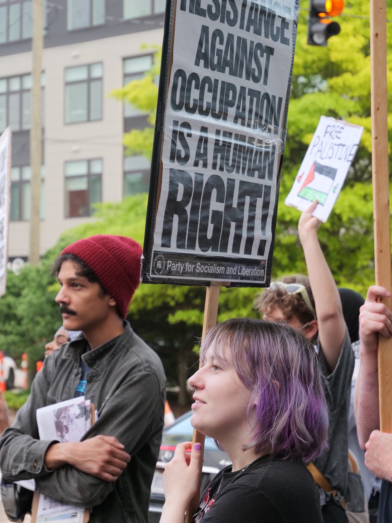 Demonstrators from six Greater Cincinnati organizations gathered in Covington on May 7 to protest the U.S.'s support of Israel as defense forces move into Rafa.