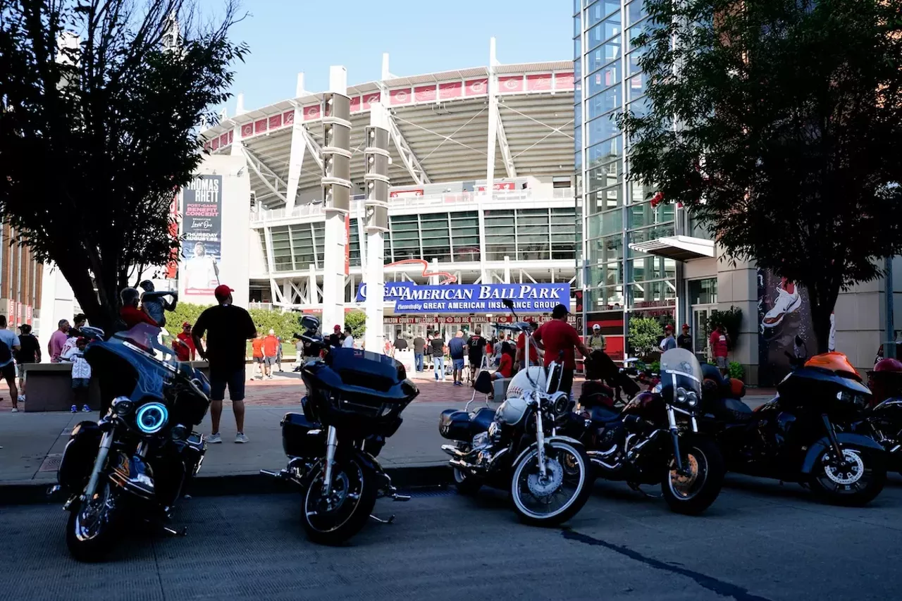 Reds fans participate in the Big Red Ride outside Great American Ball Park | Cincinnati Reds vs. Kansas City Royals | Aug. 17, 2024