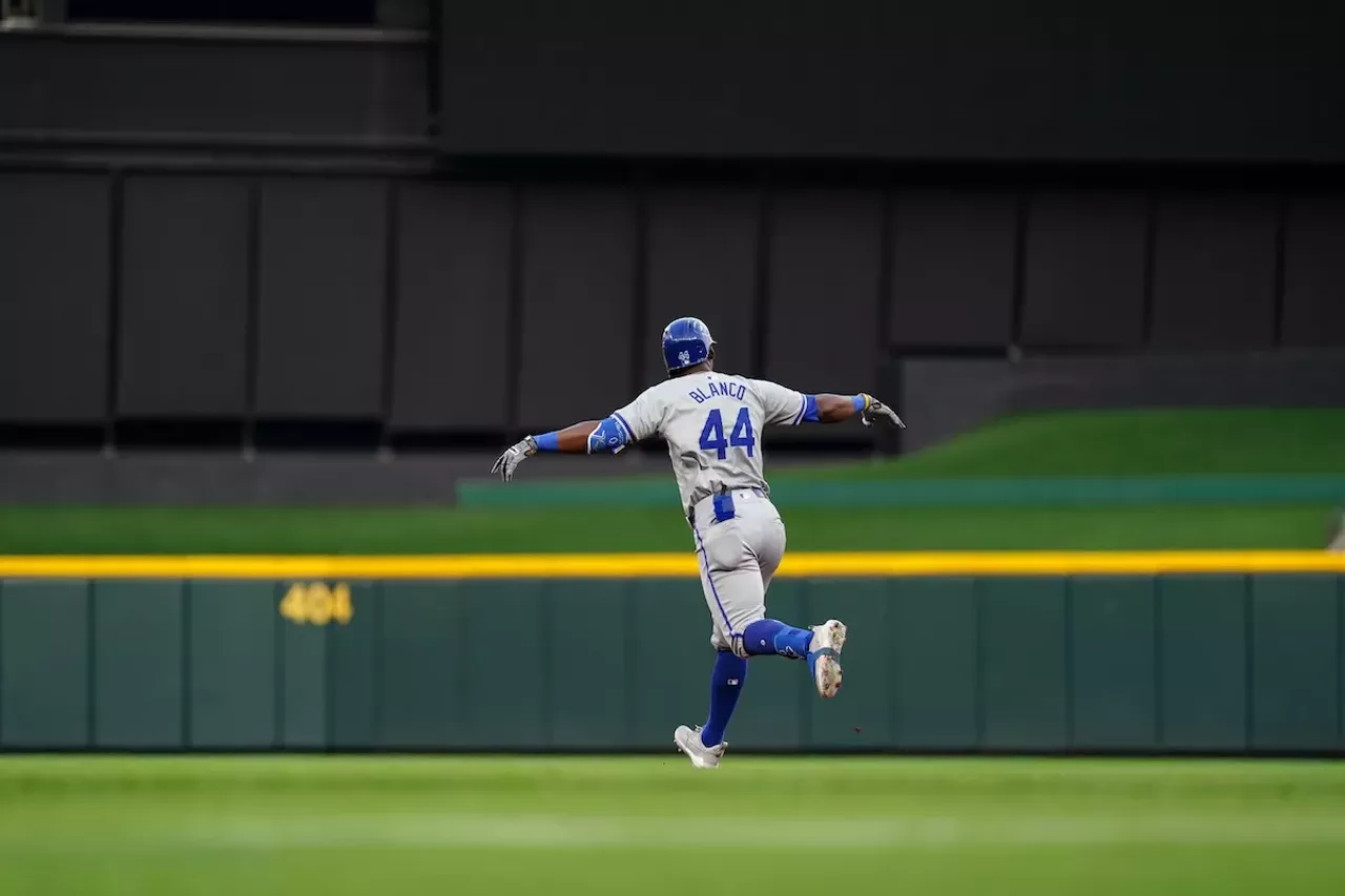 Kansas City Royals player Dairon Blanco celebrates as he rounds the bases after hitting a grand slam | Cincinnati Reds vs. Kansas City Royals | Aug. 17, 2024