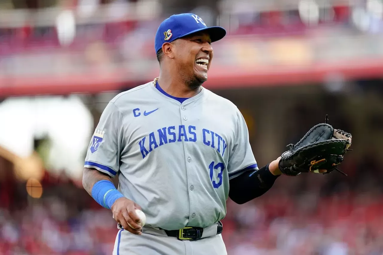 Kansas City Royals first baseman Salvador Perez laughs as he jogs to the dugout | Cincinnati Reds vs. Kansas City Royals | Aug. 17, 2024