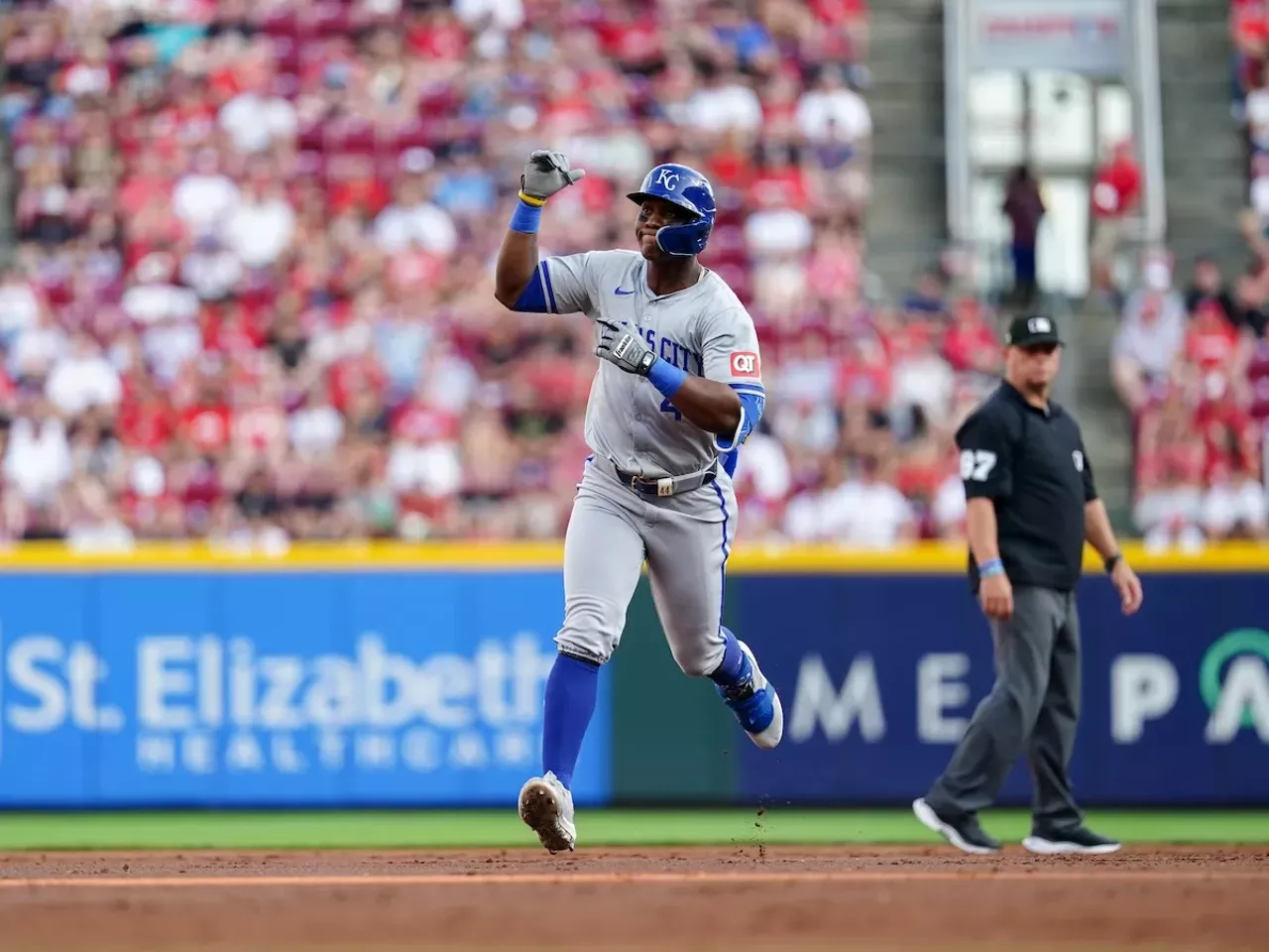 Kansas City Royals player Dairon Blanco celebrates as he rounds the bases after hitting a two-run home run | Cincinnati Reds vs. Kansas City Royals | Aug. 17, 2024