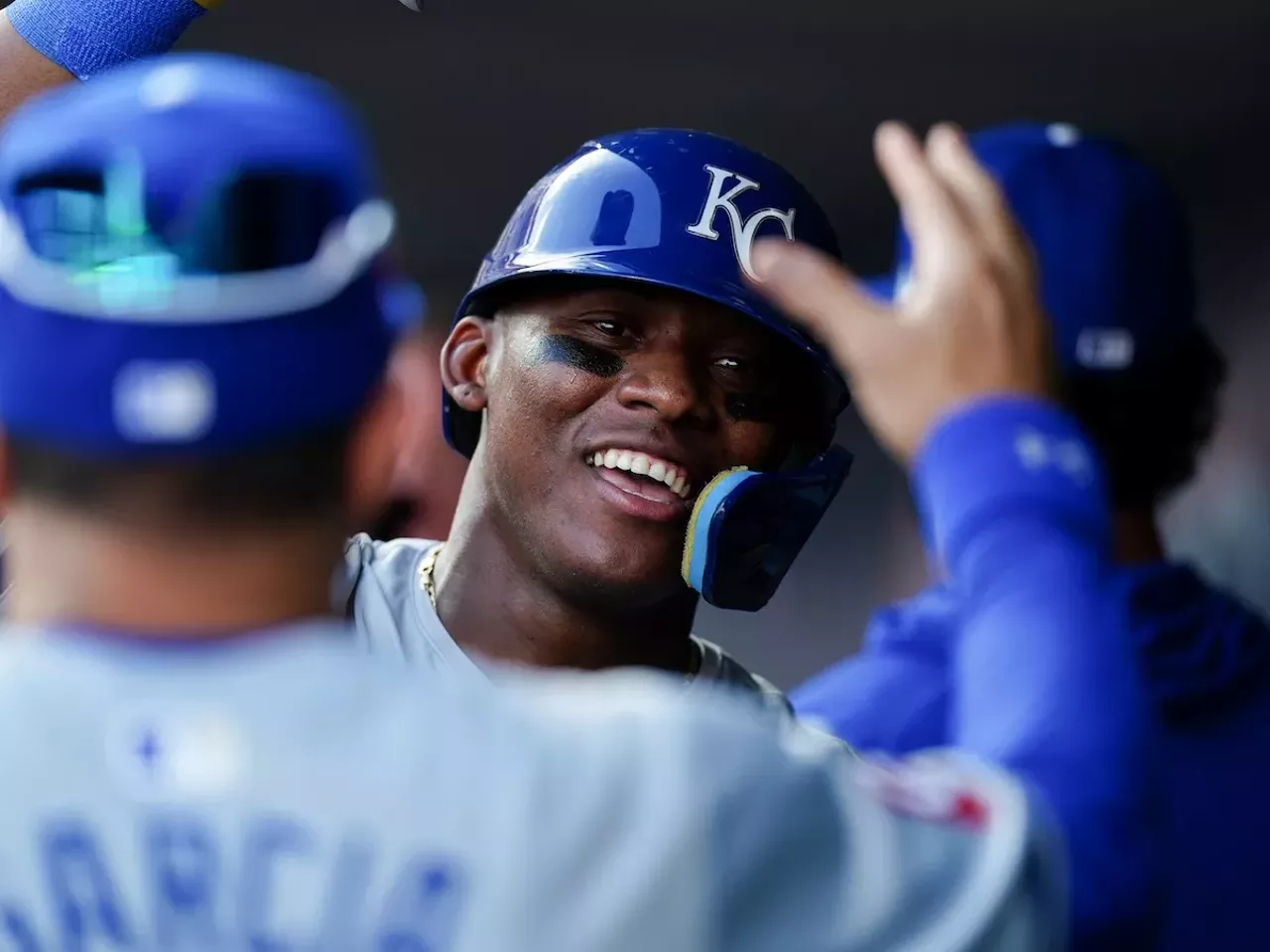 Kansas City Royals player Dairon Blanco celebrates in the dugout | Cincinnati Reds vs. Kansas City Royals | Aug. 17, 2024