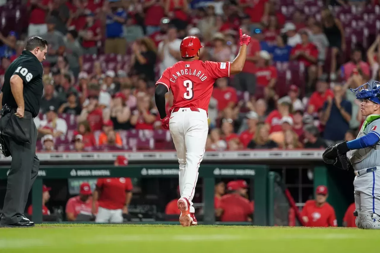 Jeimer Candelario celebrates after hitting a solo home run in the seventh inning | Cincinnati Reds vs. Kansas City Royals | Aug. 17, 2024