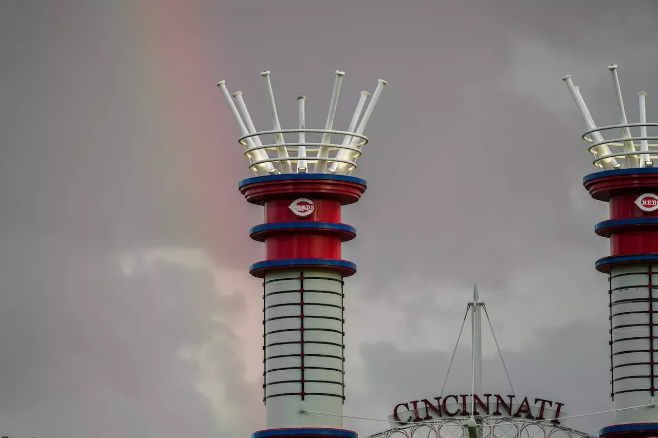 A rainbow appears behind the smoke stacks in center field | Cincinnati Reds vs. Kansas City Royals | Aug. 17, 2024