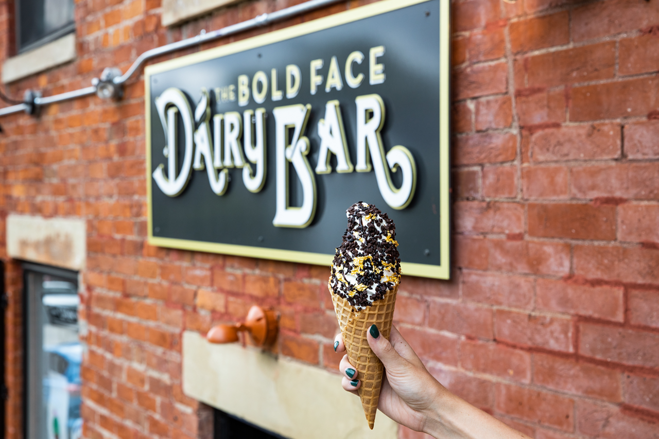 Bold Face Dairy Bar
801 Mt Hope Ave., East Price Hill
This walk-up urban creamy whip is helmed by the Grear and Harkins families. The menu includes floats, shakes and flurries in addition to soft-serve. Cones come in vanilla, chocolate or swirl with toppings like sea salt, sprinkles and chocolate sauce, but where things get creative are their flavor swirls. Among additions like lavender, pistachio and chai tea is bourbon barrel stout, a unique Kentucky-style stand-out. And if you want to get really adventurous, try Bold Face’s PB&J hot dog.