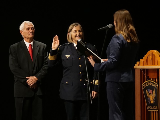 Teresa Theetge is sworn in as Cincinnati's first female police chief. She's been with the department for more than 30 years.