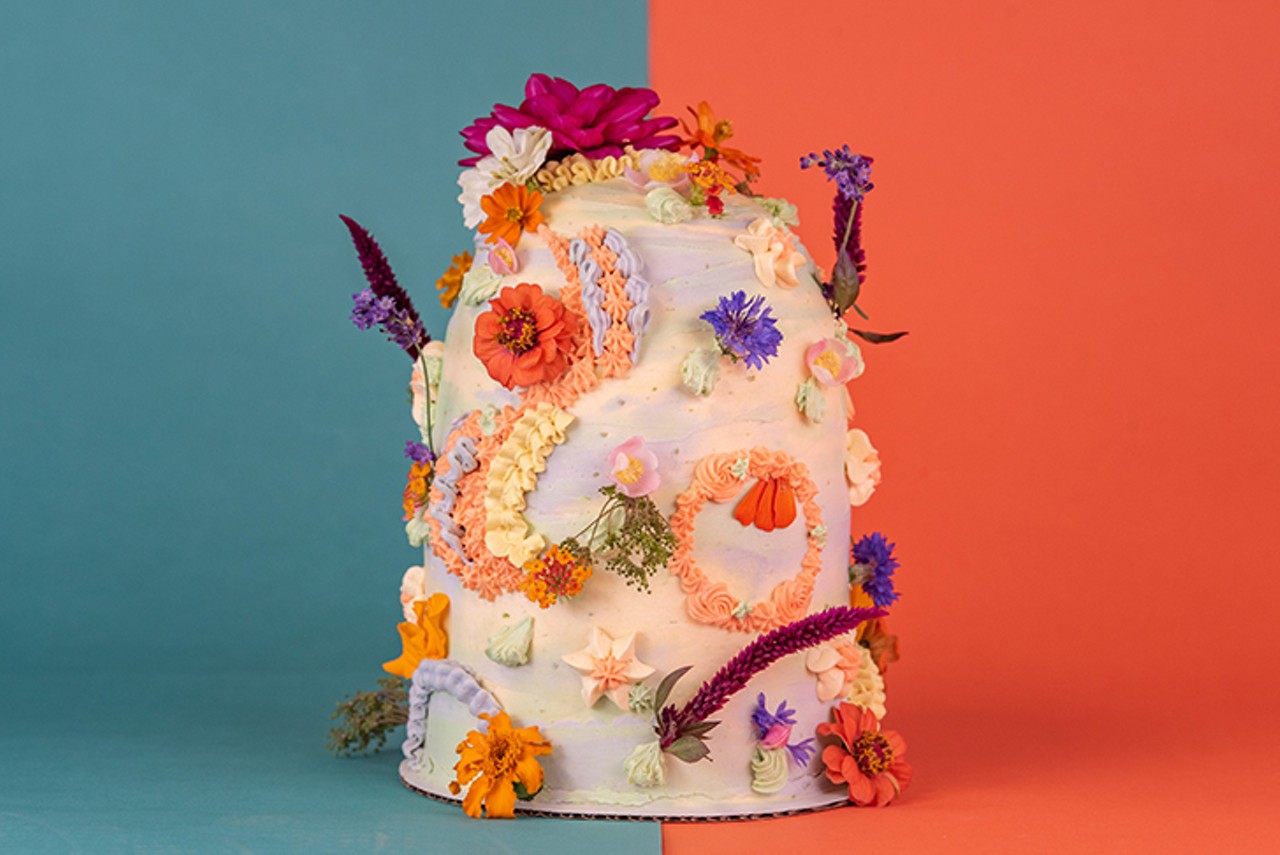 Banana buttermilk cake, black sesame pudding, lime French buttercream with zinnia, dahlia, celosia, marigold, bachelor button, cosmos, verbena, fennel, lavender and begonia