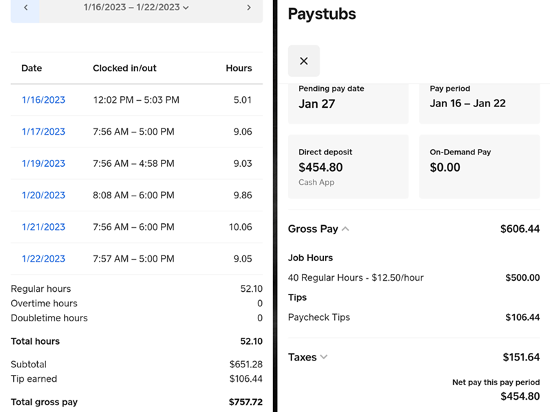 Former flow employee Kay Ratliff says her time card (left) and pay stub (right) for Jan. 16-22, 2023, show discrepancies in hours worked due to coffee shop owner Rhys Watkins' alleged interference. - Screenshots: Provided by Kay Ratliff