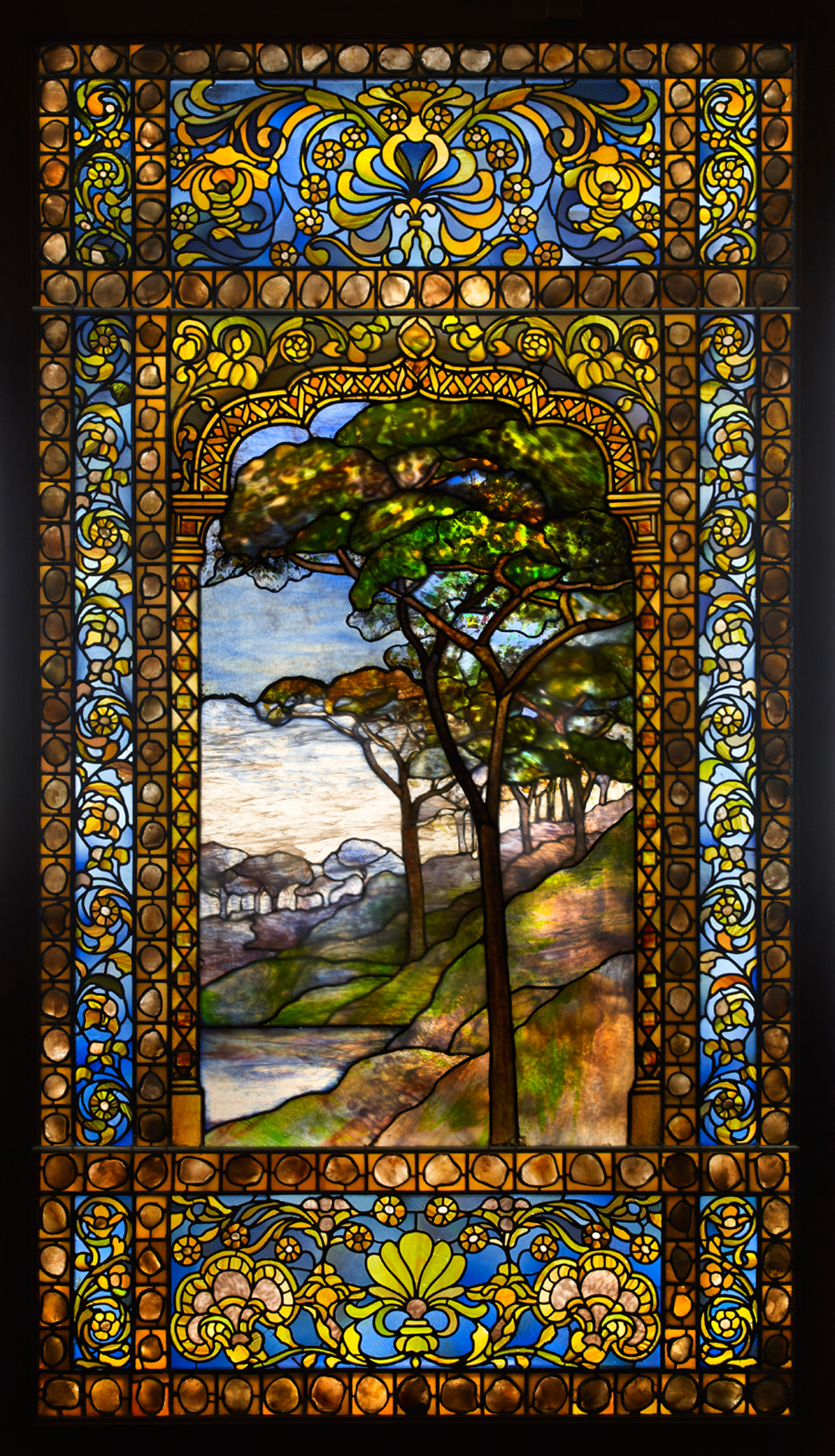 Tiffany Studios, Landscape Window, 1893–1920, leaded glass, pebbles.