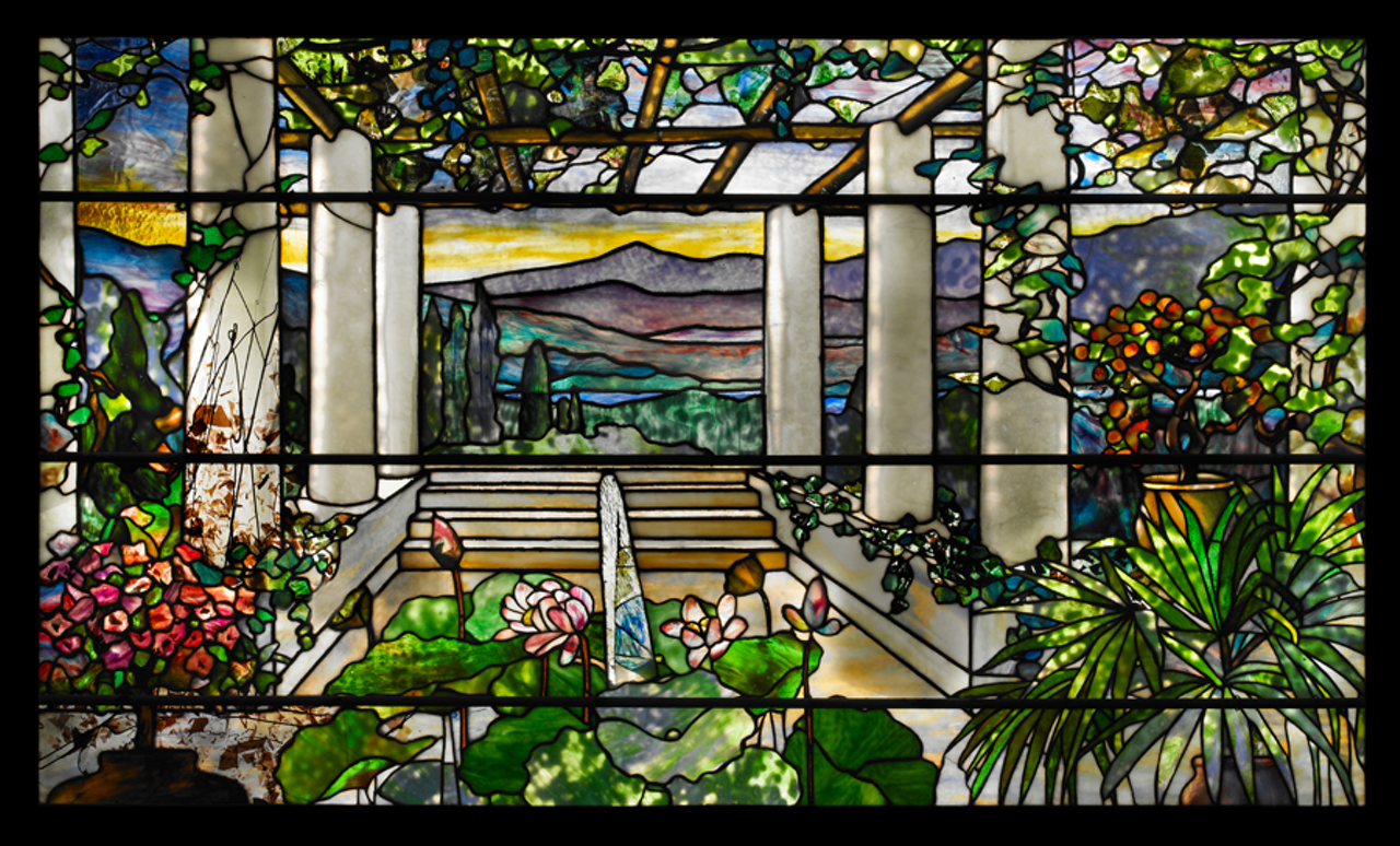 Tiffany Studios, Garden Landscape Window, 1900–1910, leaded glass.