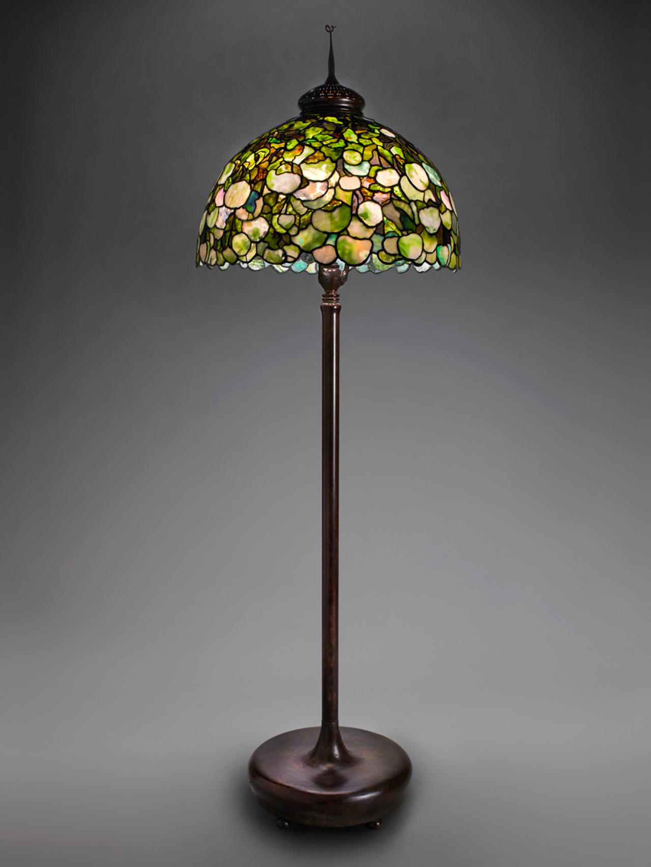 Tiffany Studios, Snowball Hydrangea Floor Lamp, about 1903–10, leaded glass, bronze.