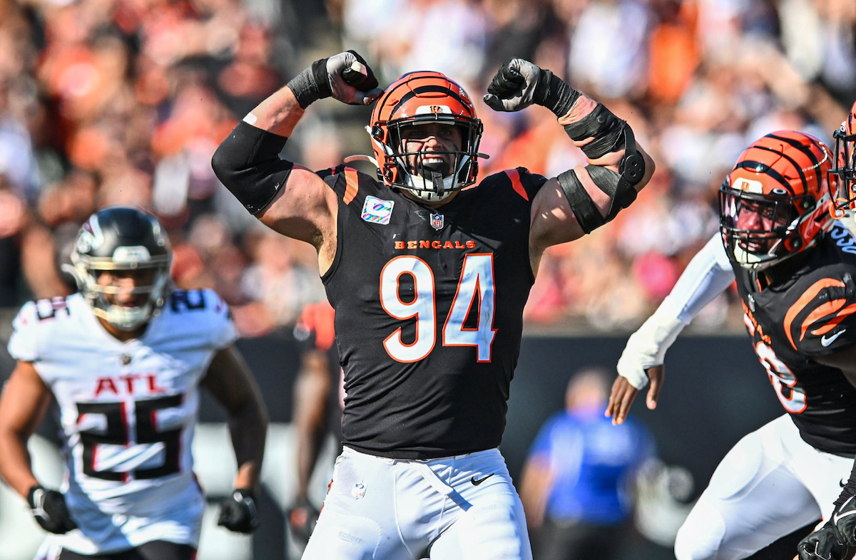 Defensive end Sam Hubbard of the Cincinnati Bengals celebrates during a game against the Atlanta Falcons at Paycor Stadium on Oct. 23, 2022.