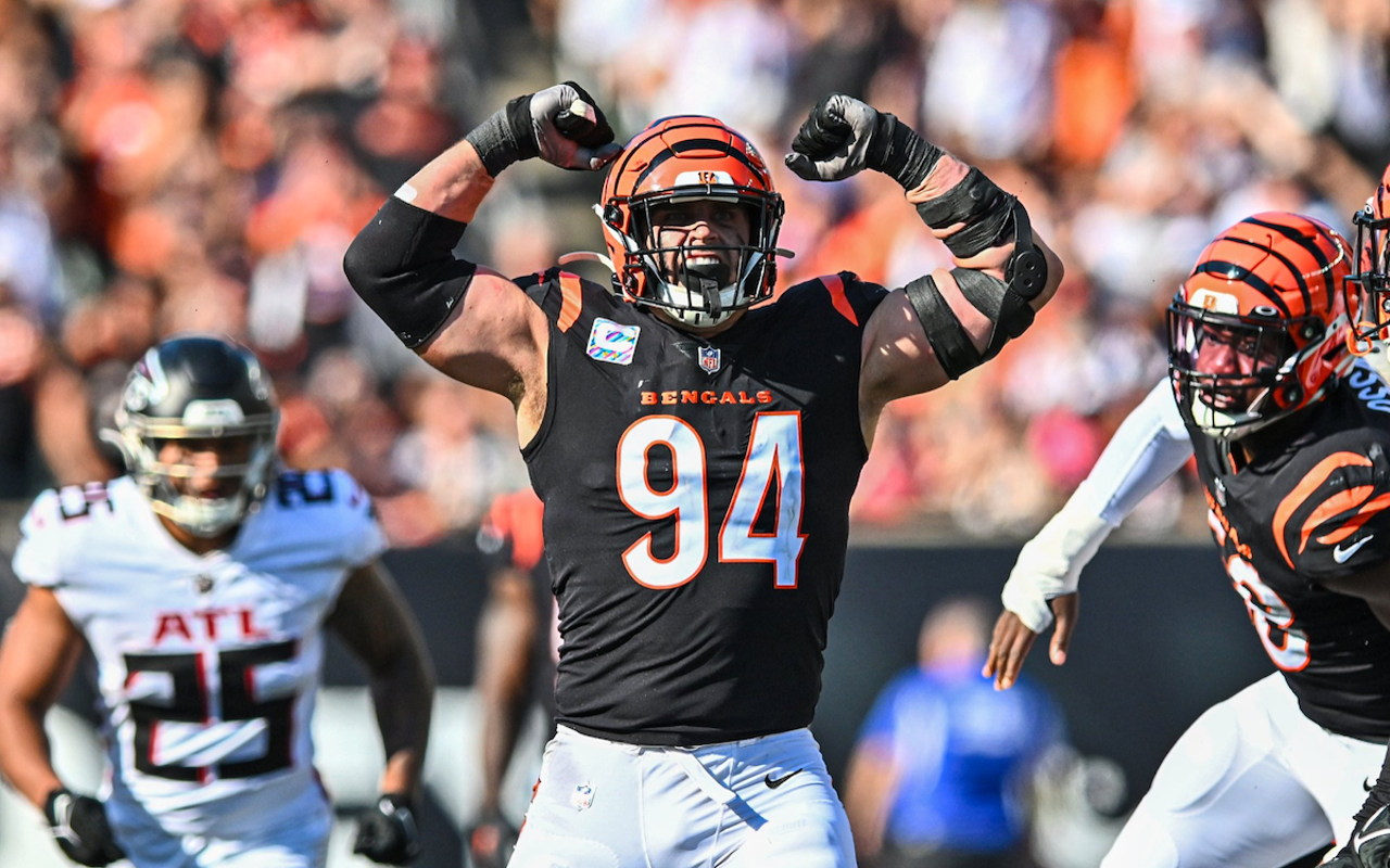 Defensive end Sam Hubbard of the Cincinnati Bengals celebrates during a game against the Atlanta Falcons at Paycor Stadium on Oct. 23, 2022.